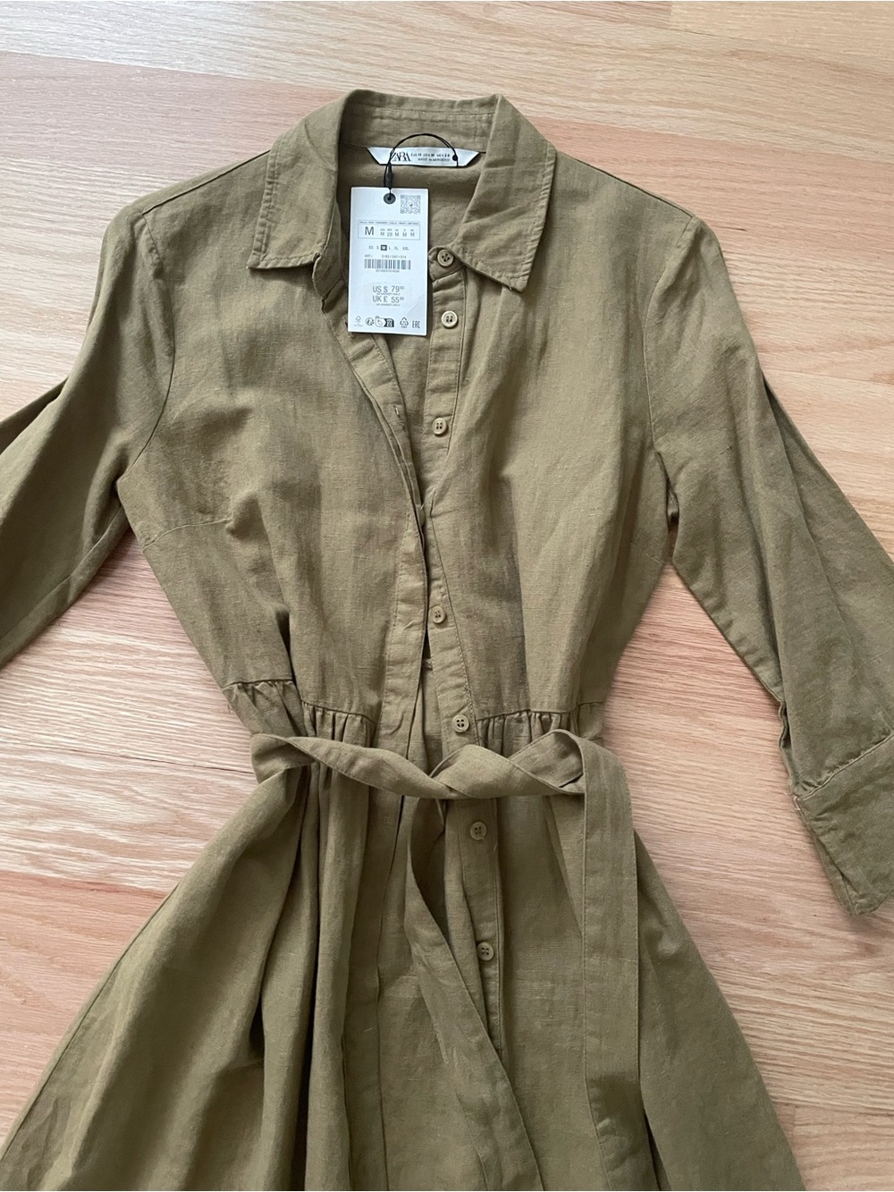 NEW Zara Olive Button-Front linen Shirt Dress with Waist Tie - Picture 3 of 4
